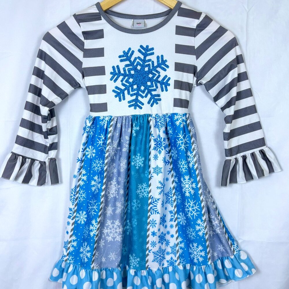 Girls Snowflake Long Sleeve Winter Dress - Size 2XL (Fits Like 6/7)